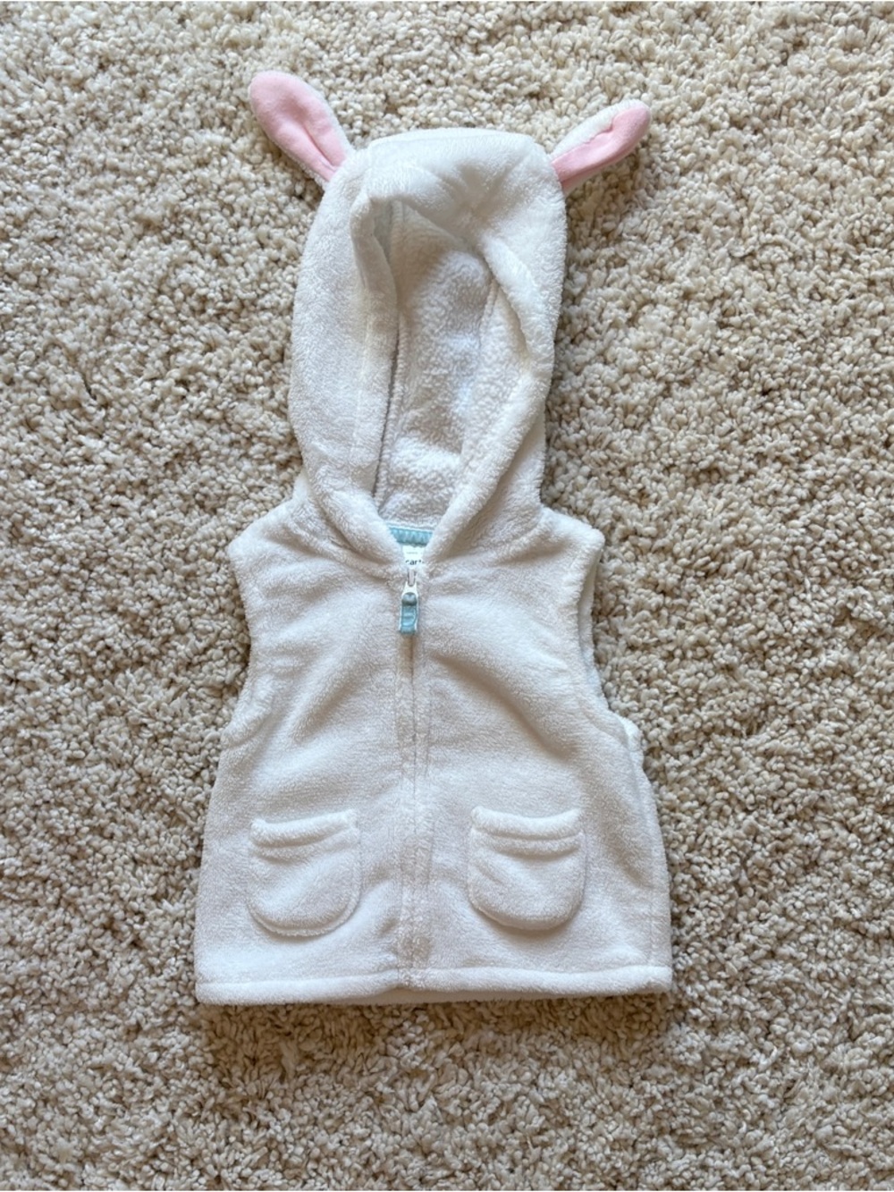 Carter’s Plush White Hooded Vest Pink Bunny Ear Accents White Baby Girl 6 Months